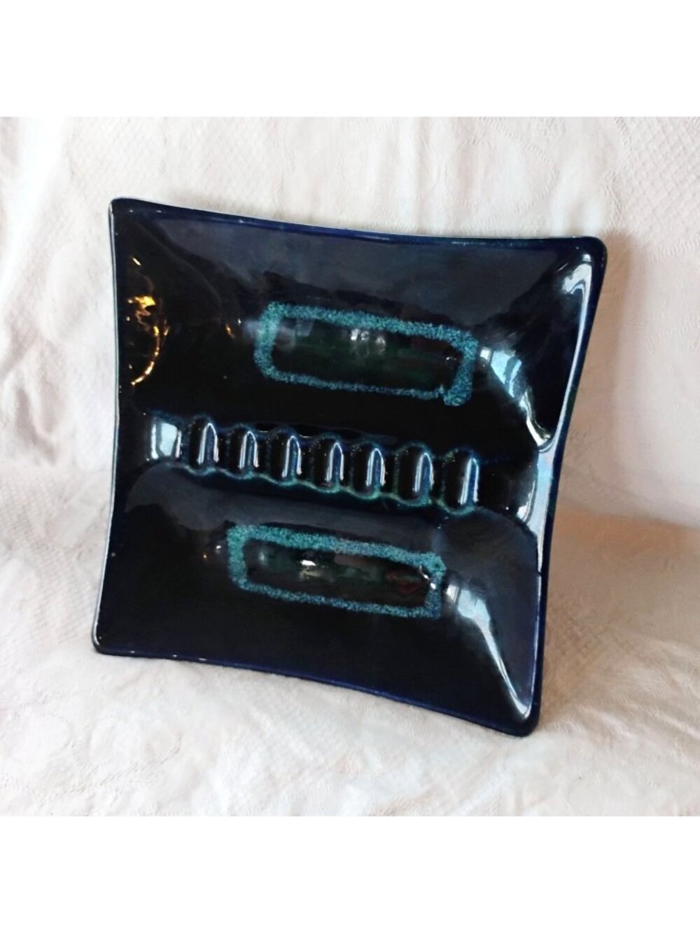 Vtg MCM Drip Glaze Square Ashtray Blue Green 8" Made in USA - READ